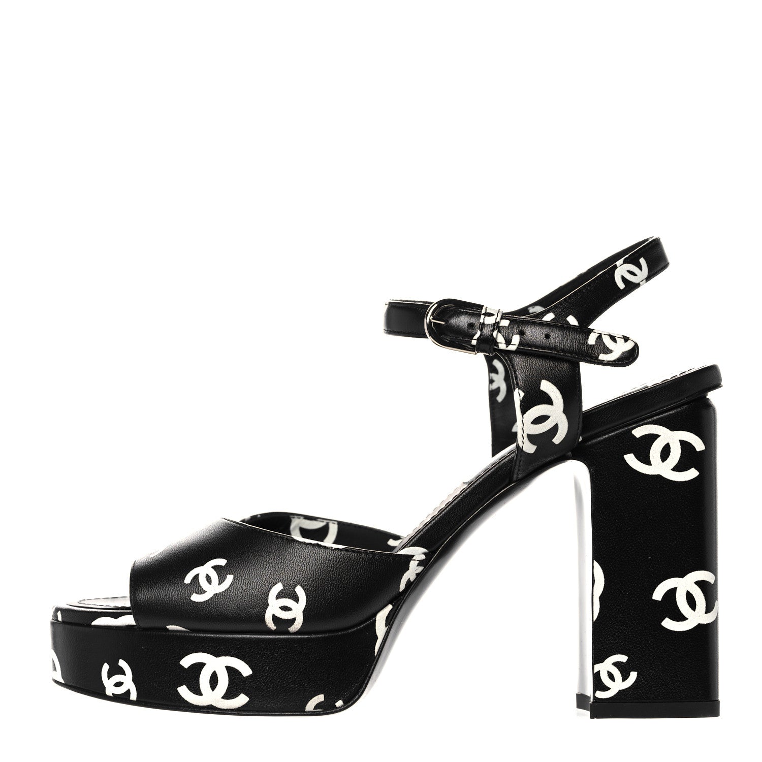 Chanel Printed Lambskin Coco Beach Platform Sandals 37 Black White 1 of 9