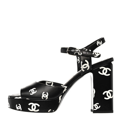 Chanel Printed Lambskin Coco Beach Platform Sandals 37 Black White 1 of 9