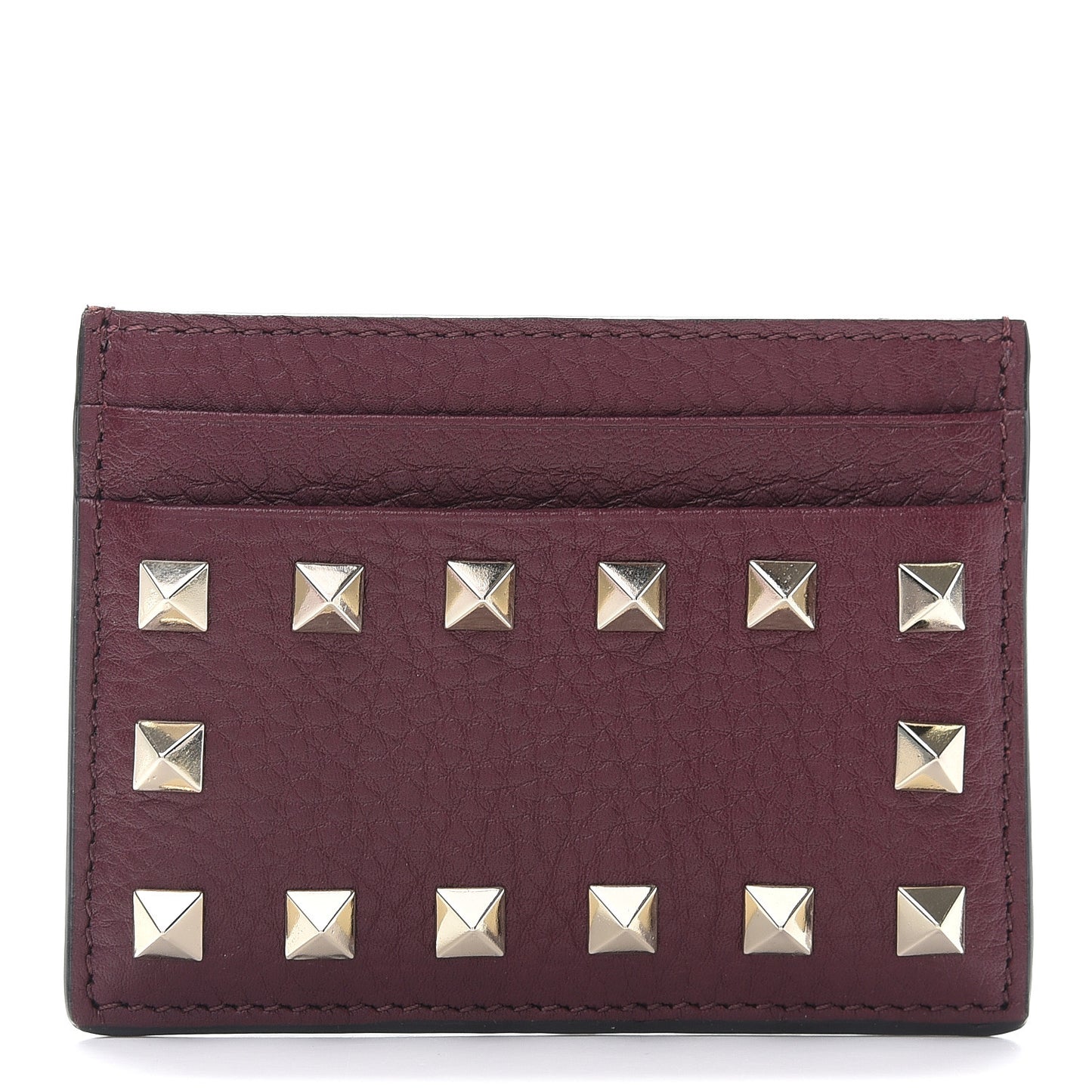 Pebbled Calfskin Rockstud Card Holder Cerise