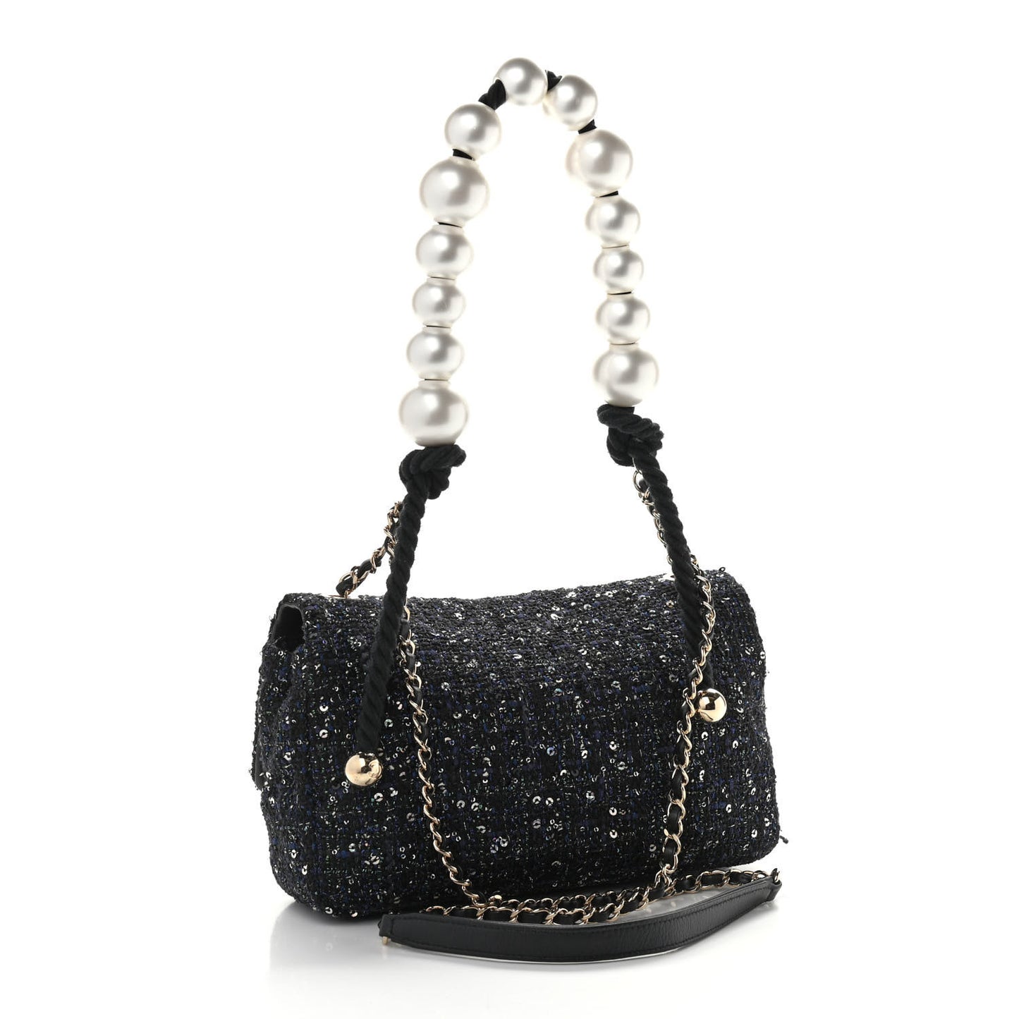 Tweed Medium Pearl Handle Flap Black Ecru