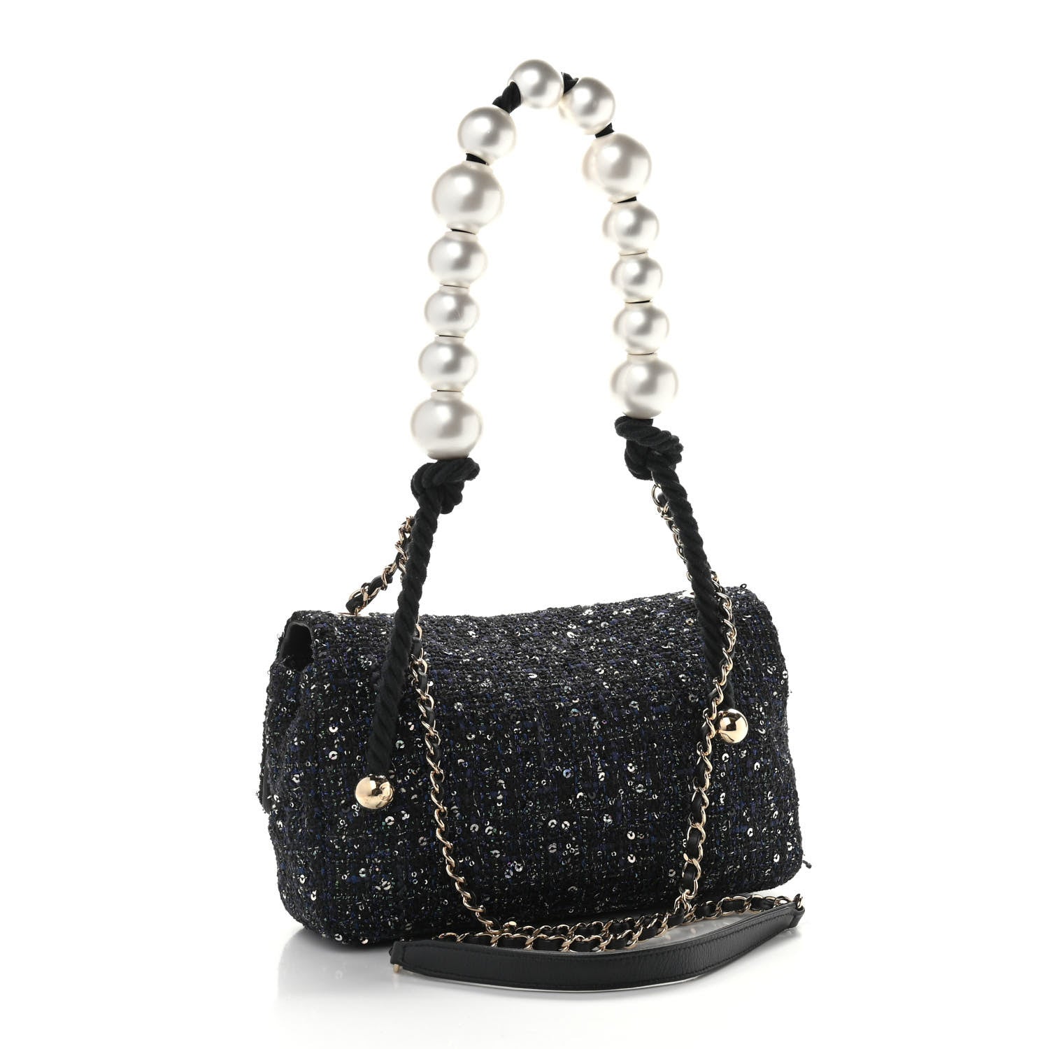 Chanel Tweed Medium Pearl Handle Flap Black Ecru 3 of 15