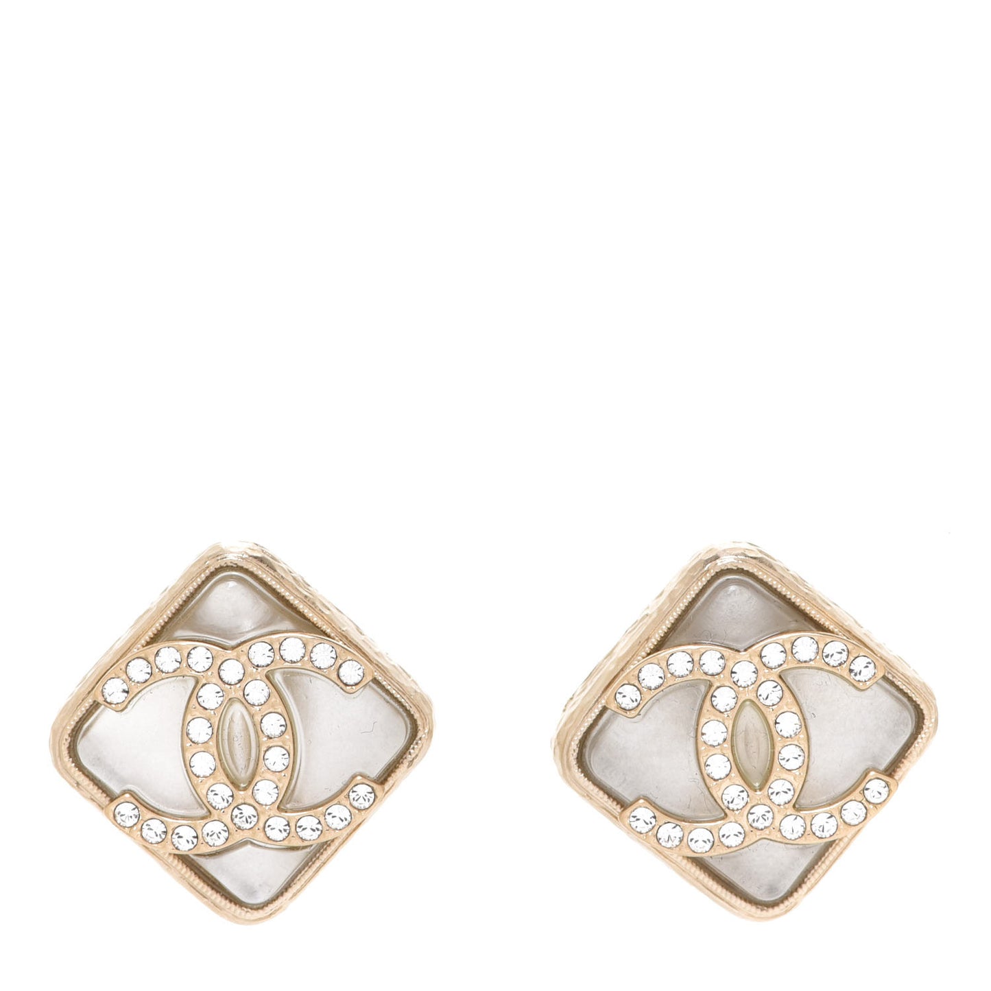 Pearl Crystal CC Square Earrings Gold