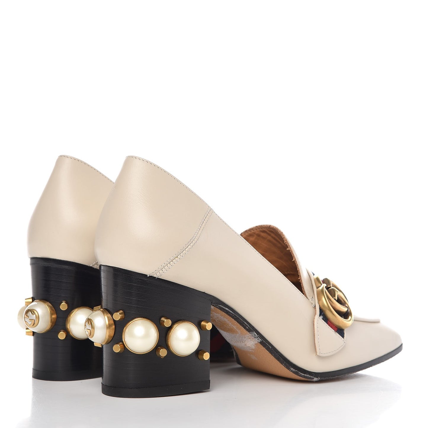 Betis Glamour Calfskin Web Pearl Embellished Peyton 75mm Loafer Pumps 36 Mystic White