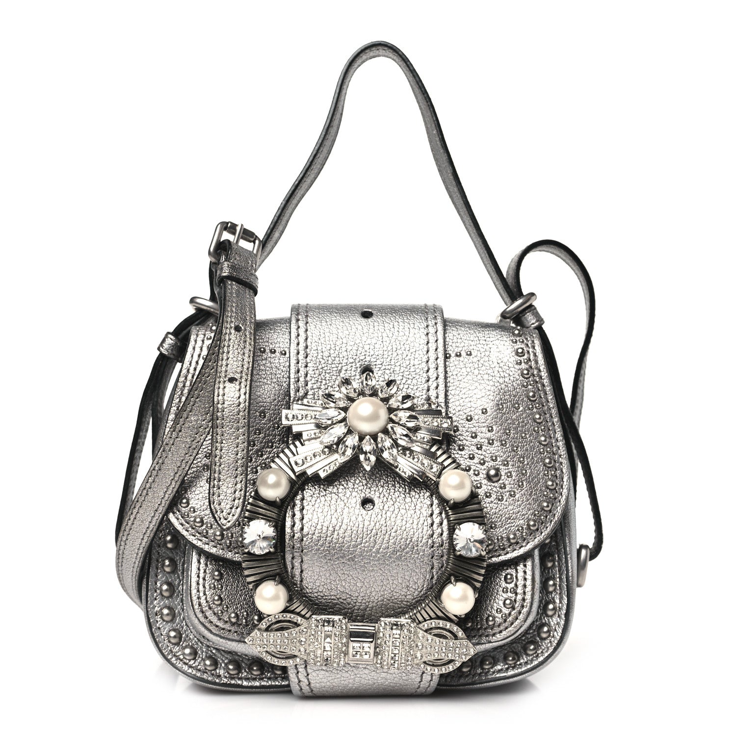 Miu Miu Goatskin Madras Soft Calfskin Crystal Embellished Dahlia Shoulder Bag Chrome 1 of 13