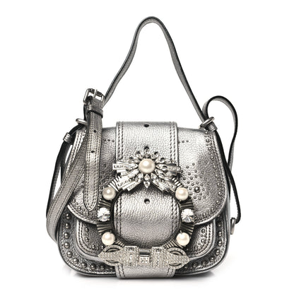 Miu Miu Goatskin Madras Soft Calfskin Crystal Embellished Dahlia Shoulder Bag Chrome 1 of 13