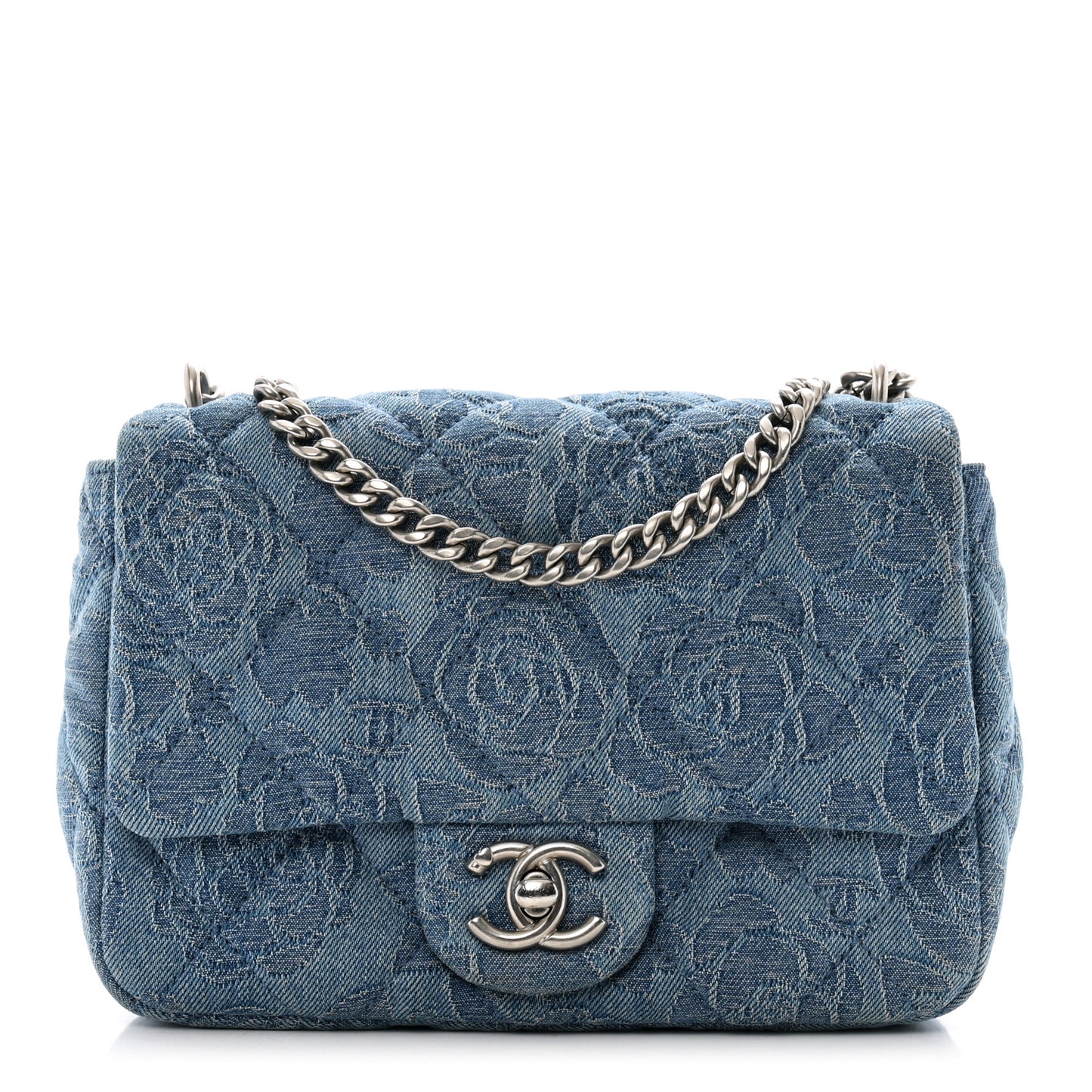 Denim Quilted Camellia Sweetheart Mini Flap Blue