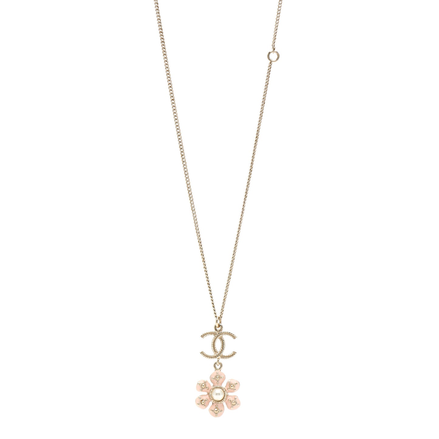 Enamel Pearl CC Flower Necklace Gold Pink