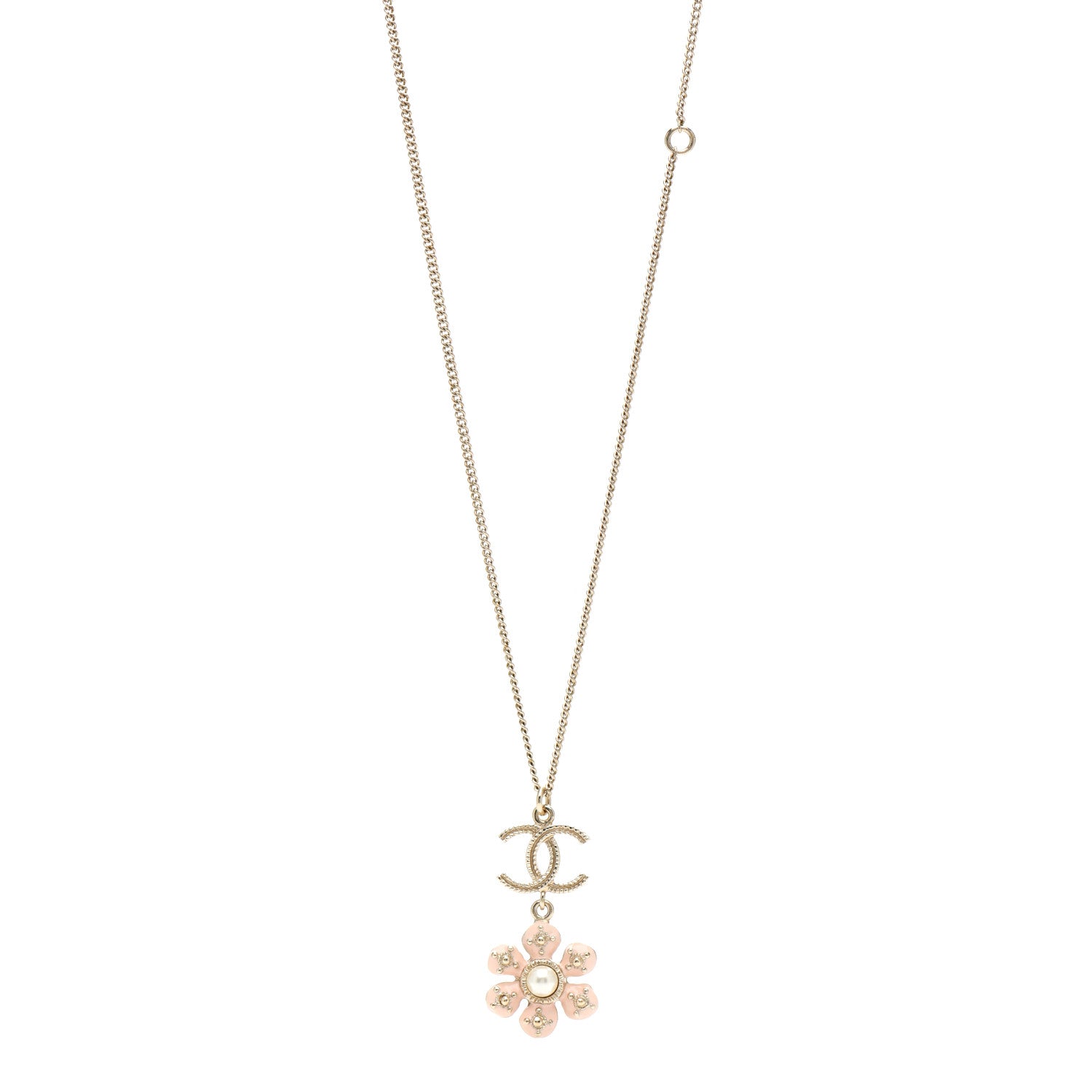 Chanel Enamel Pearl CC Flower Necklace Gold Pink 1 of 4