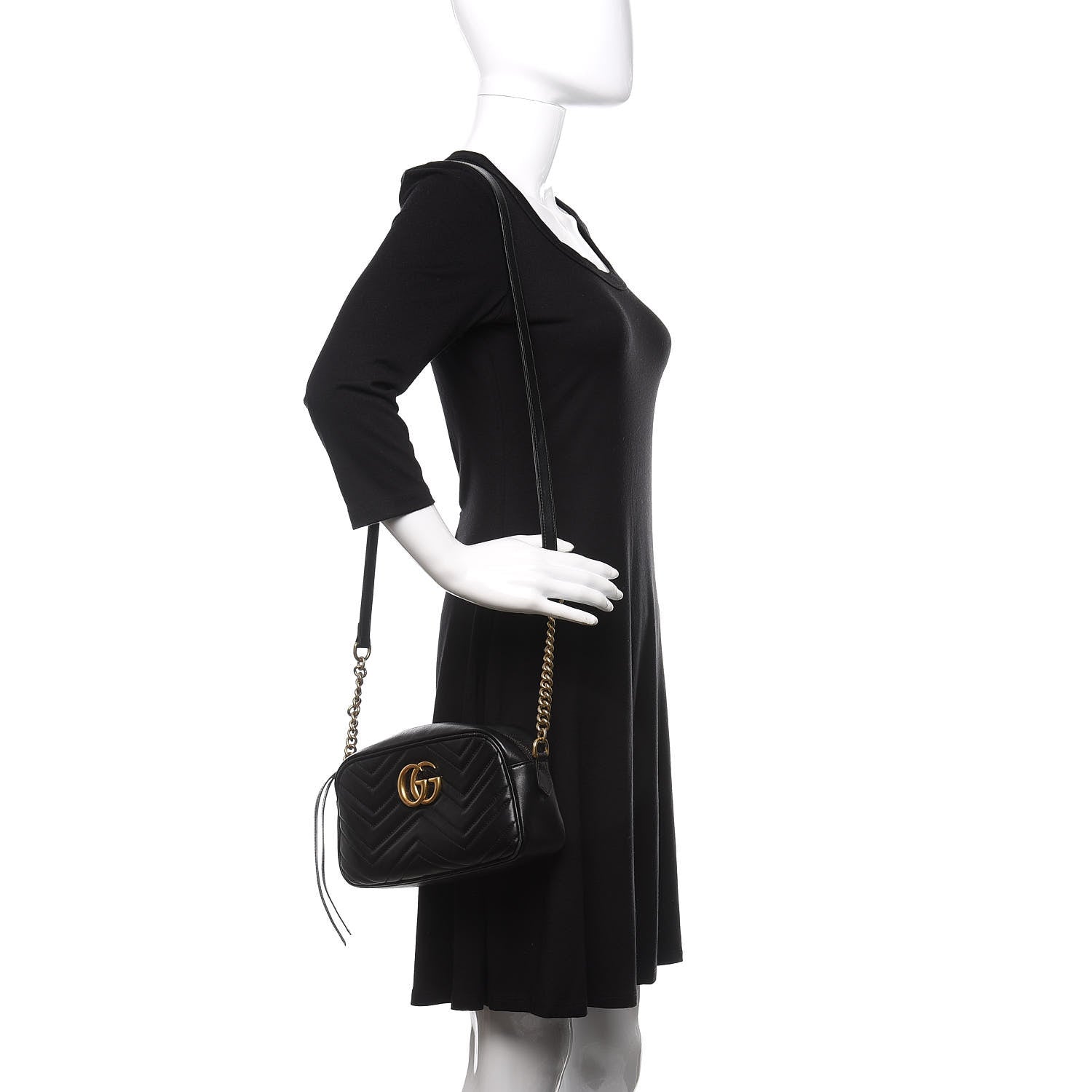 Gucci Calfskin Matelasse Small GG Marmont Chain Shoulder Bag Black 2 of 17