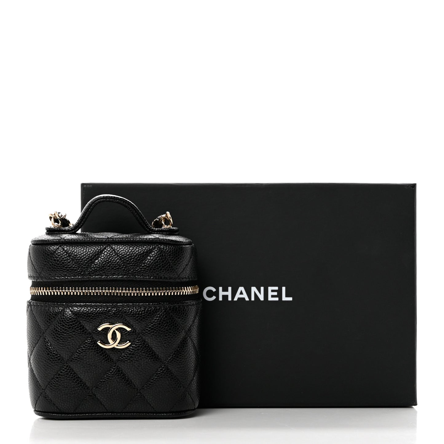 Caviar Quilted Small Handle With Care Vanity Case With Chain Black