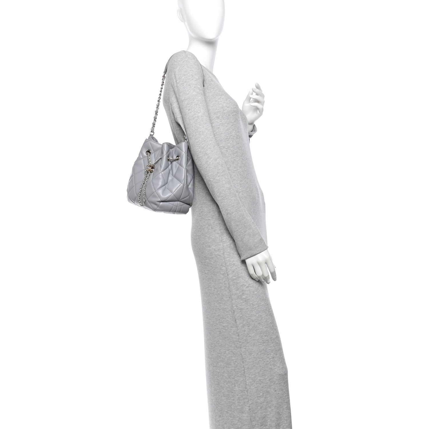 Chanel Lambskin Quilted CC Dweller Drawstring Bucket Bag Light Grey 2 of 10