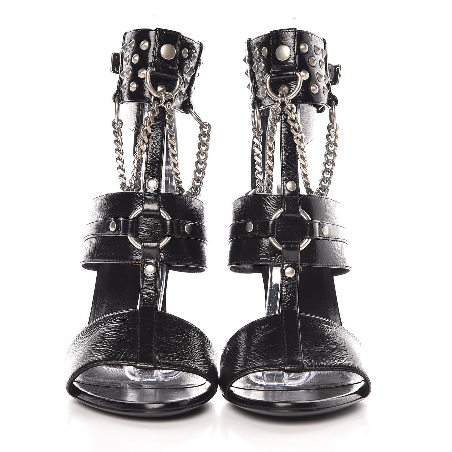 Shiny Calfskin Multi-Studded Strap Fetish Ankle Sandals 36.5 Black