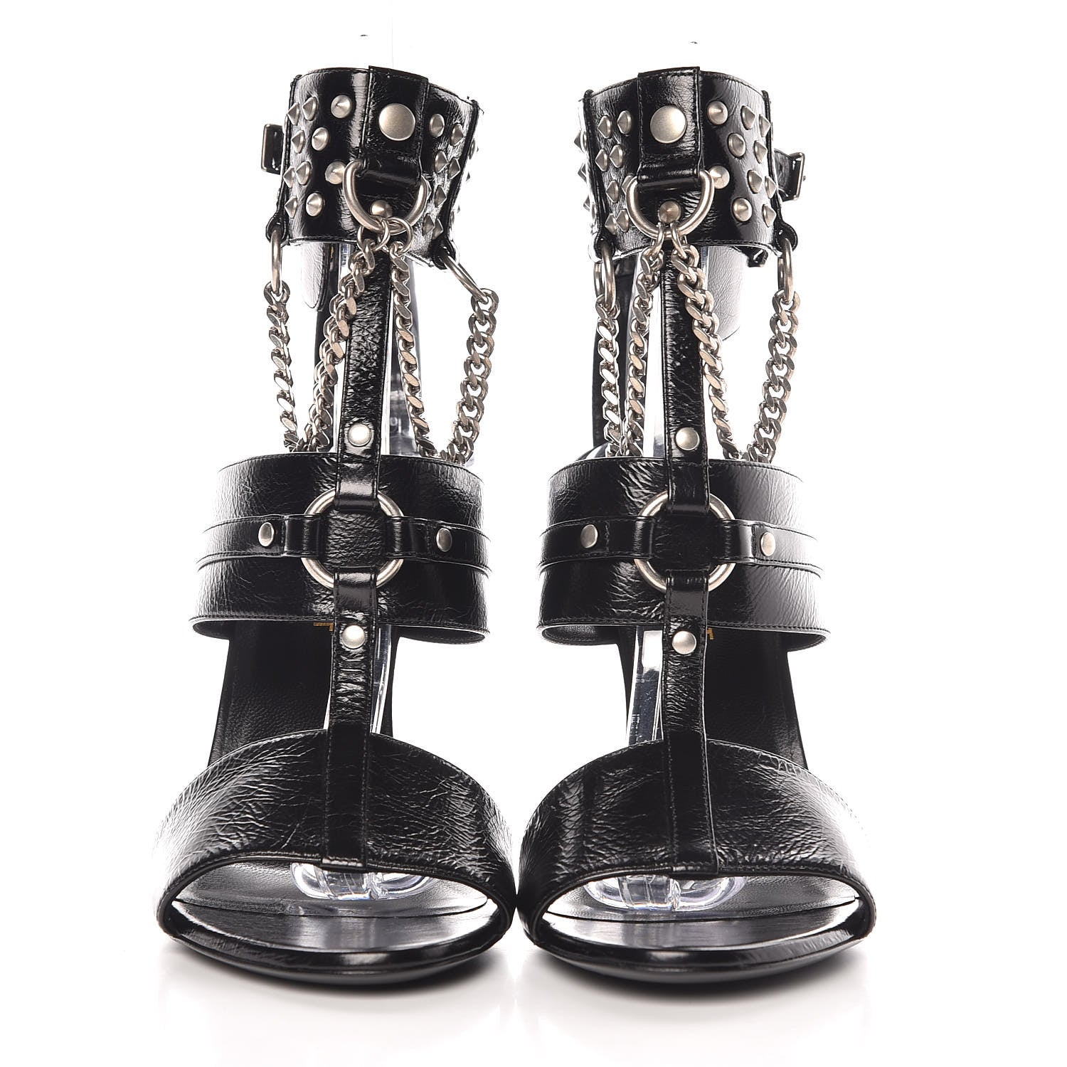 Saint Laurent Shiny Calfskin Multi-Studded Strap Fetish Ankle Sandals 36.5 Black 2 of 9