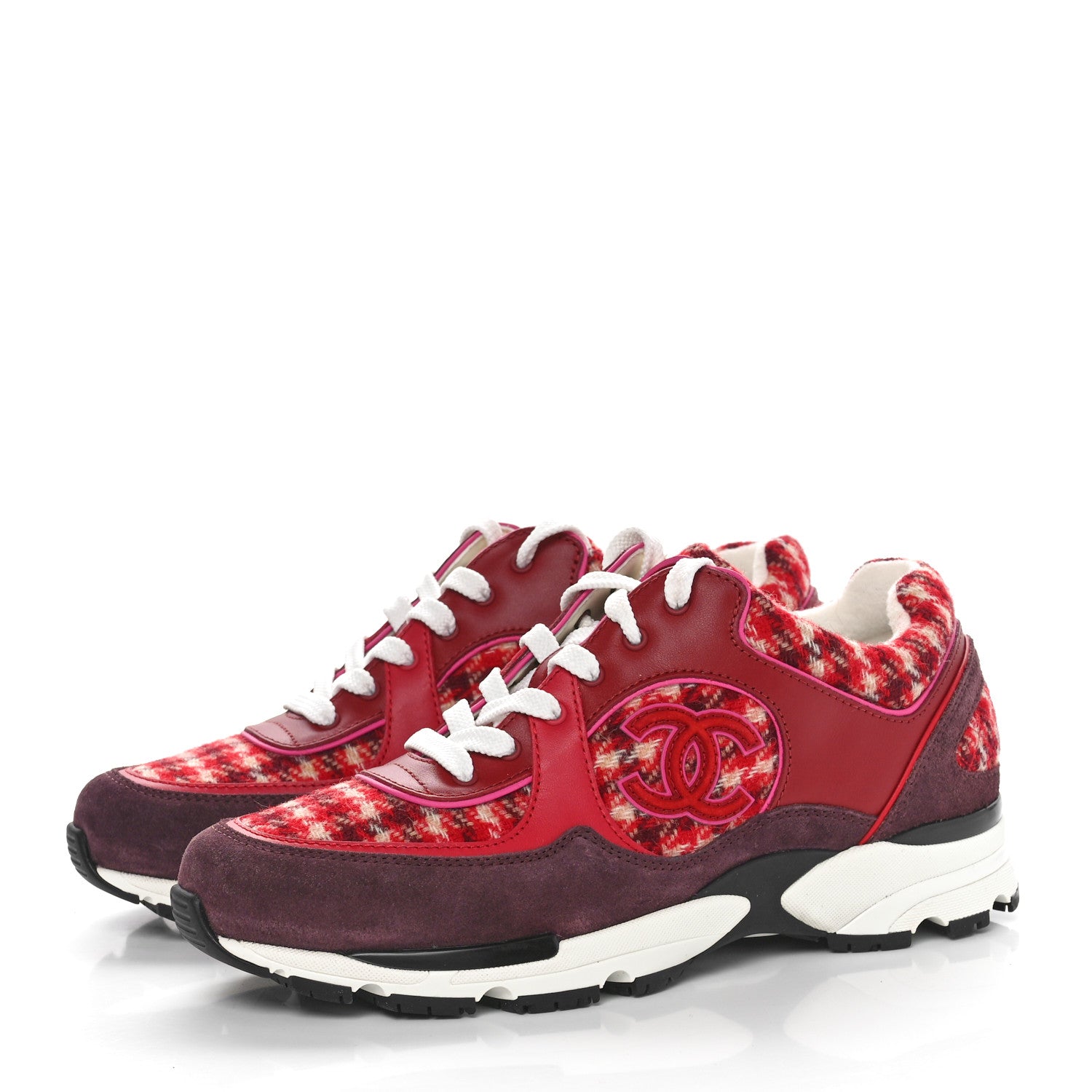 Chanel Wool Tweed Suede Calfskin Womens CC Sneakers 39 Red White Dark Brown Burgundy 3 of 9