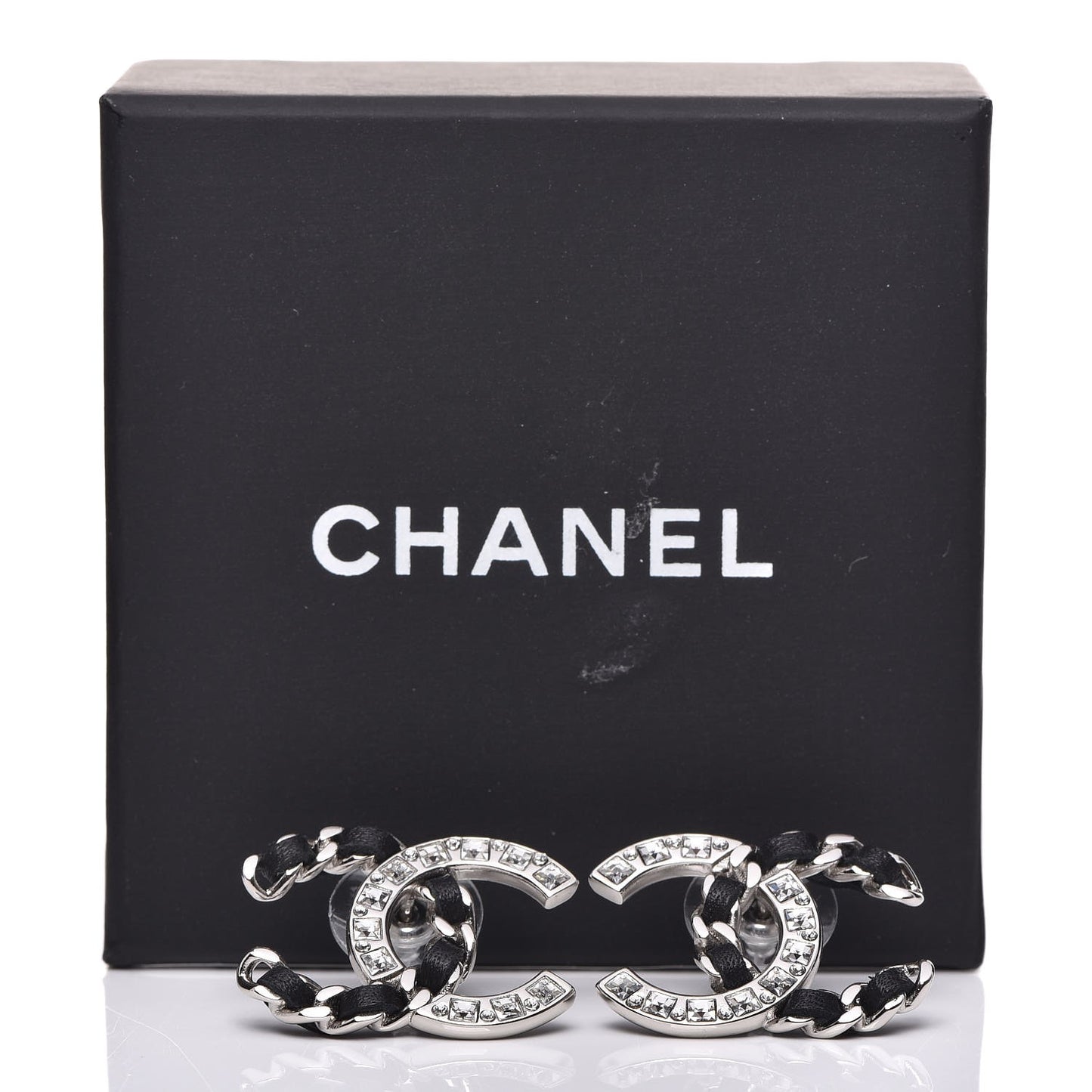 Crystal Baguette Lambskin Large CC Earrings Silver Black