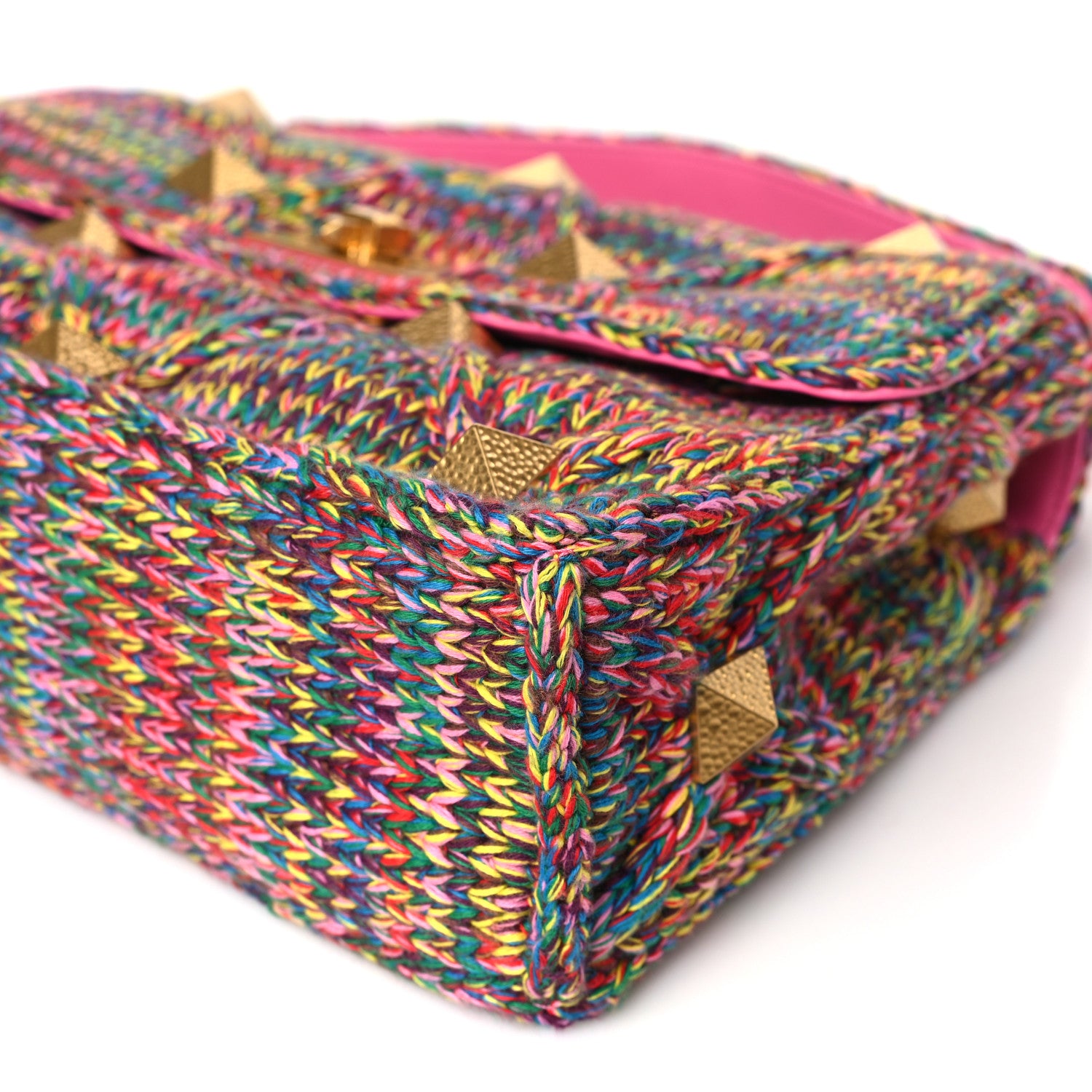 Valentino Garavani Wool Woven Large Roman Stud Shoulder Bag Multicolor Feminine Pink 8 of 8