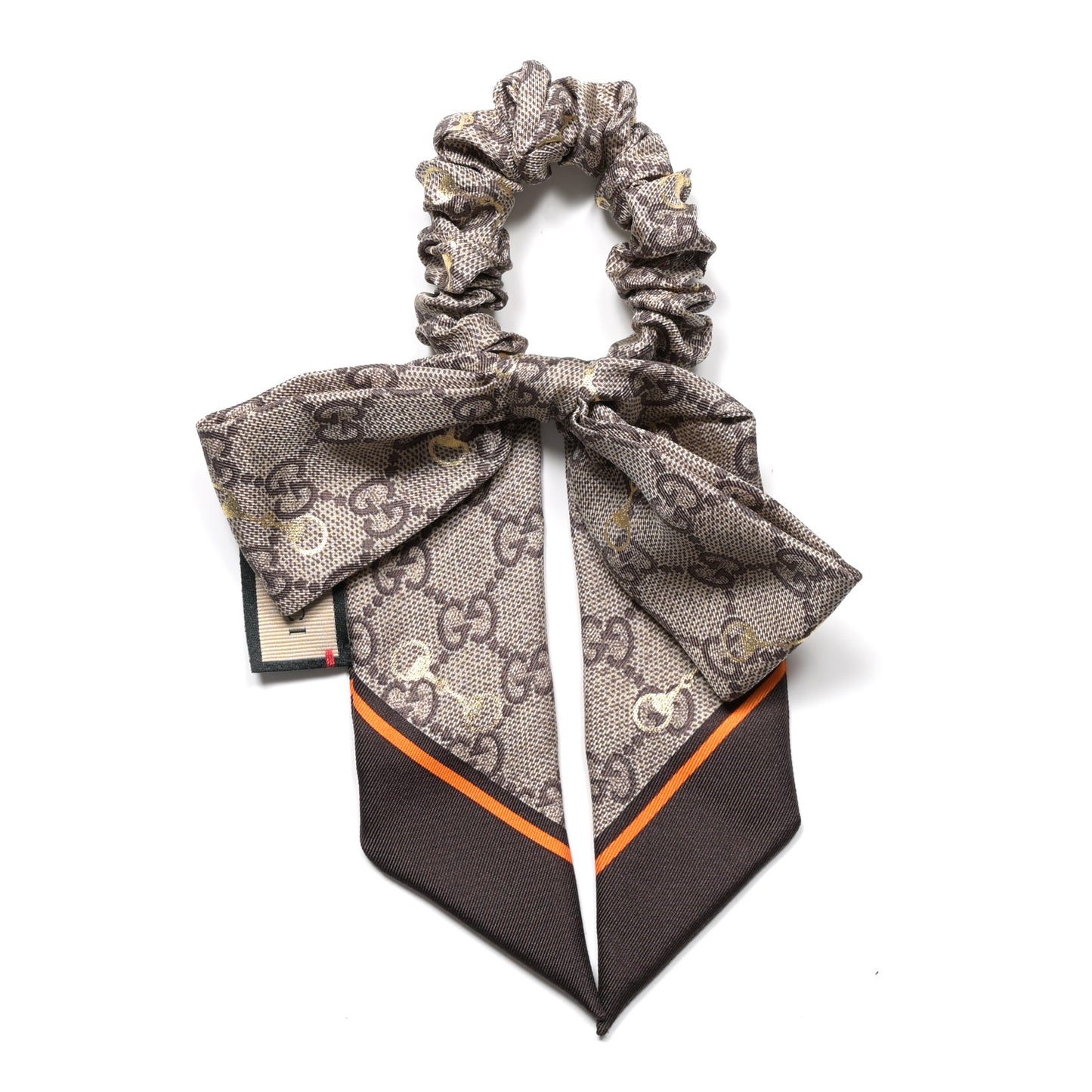 Silk Twill GG Monogram Gold Horsebity Bow Scrunchie Brown Orange