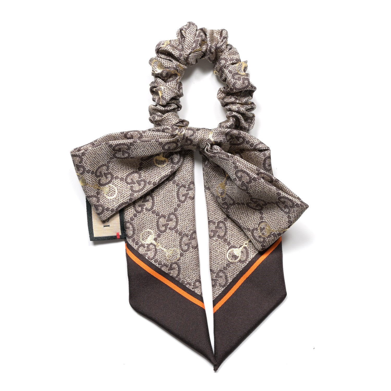 Gucci Silk Twill GG Monogram Gold Horsebity Bow Scrunchie Brown Orange 1 of 3