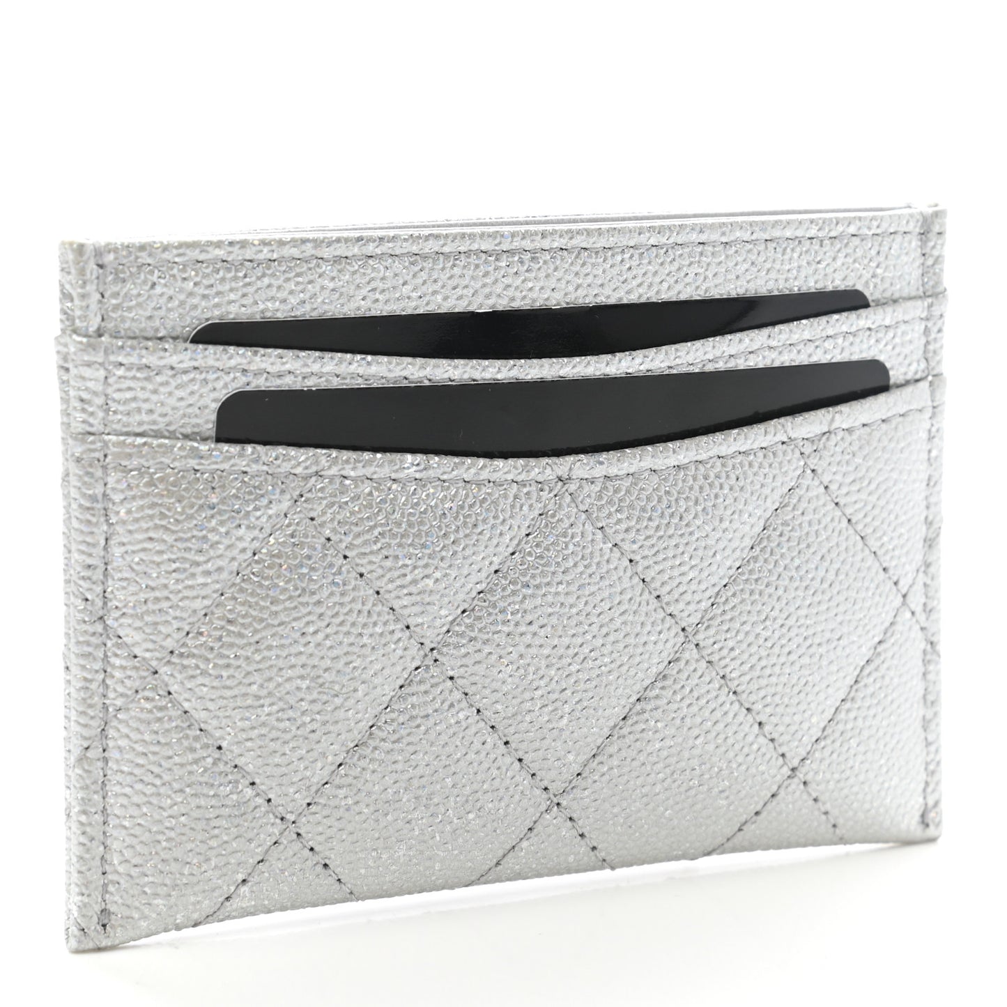Glittered Metallic Caviar Quilted Card Holder Silver