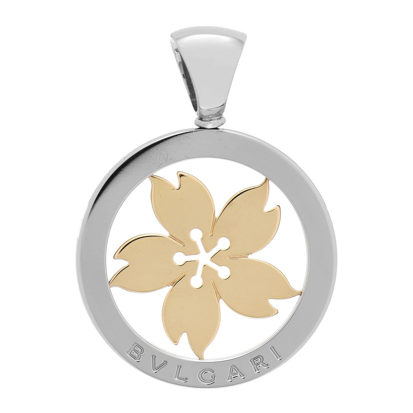 Stainless Steel 18K Yellow Gold Large Tondo Sakura Flower Pendant