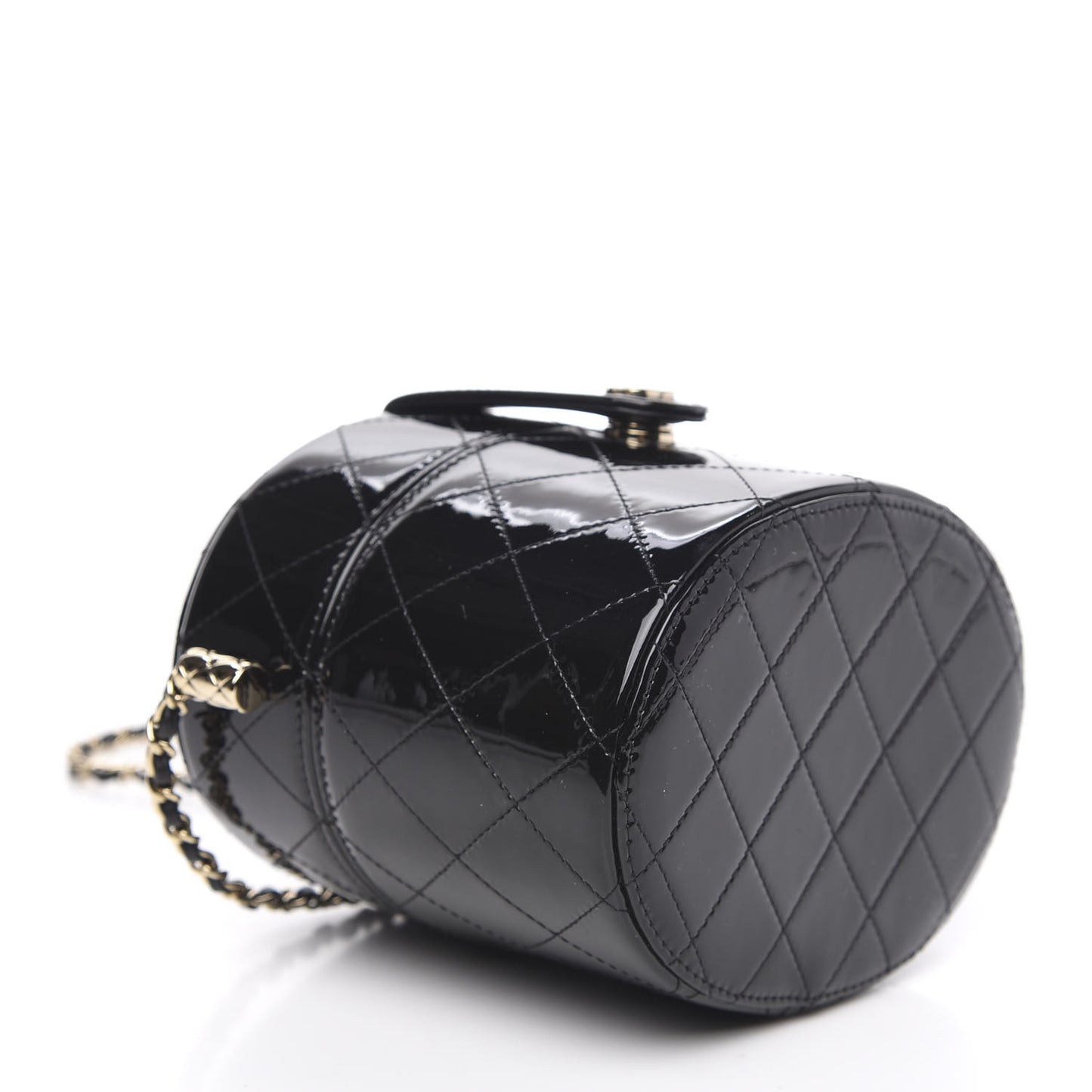 Patent Quilted Round Clutch With Chain Black