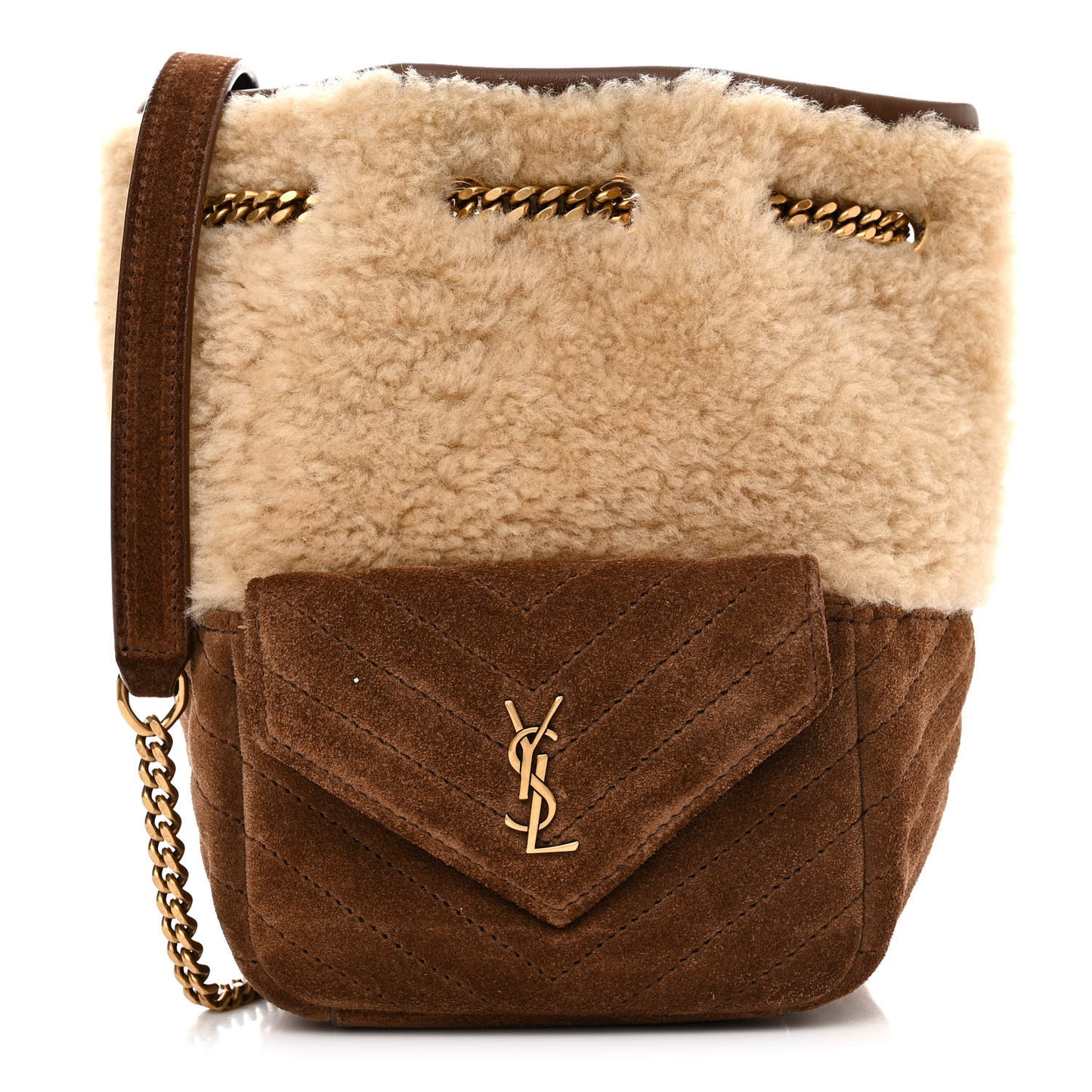 Shearling Suede Monogram Joe Nano Bucket Bag Dark Cigar Natural Beige