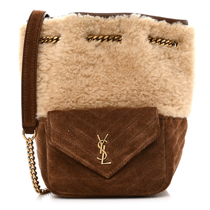 Saint Laurent Shearling Suede Monogram Joe Nano Bucket Bag Dark Cigar Natural Beige 1 of 11
