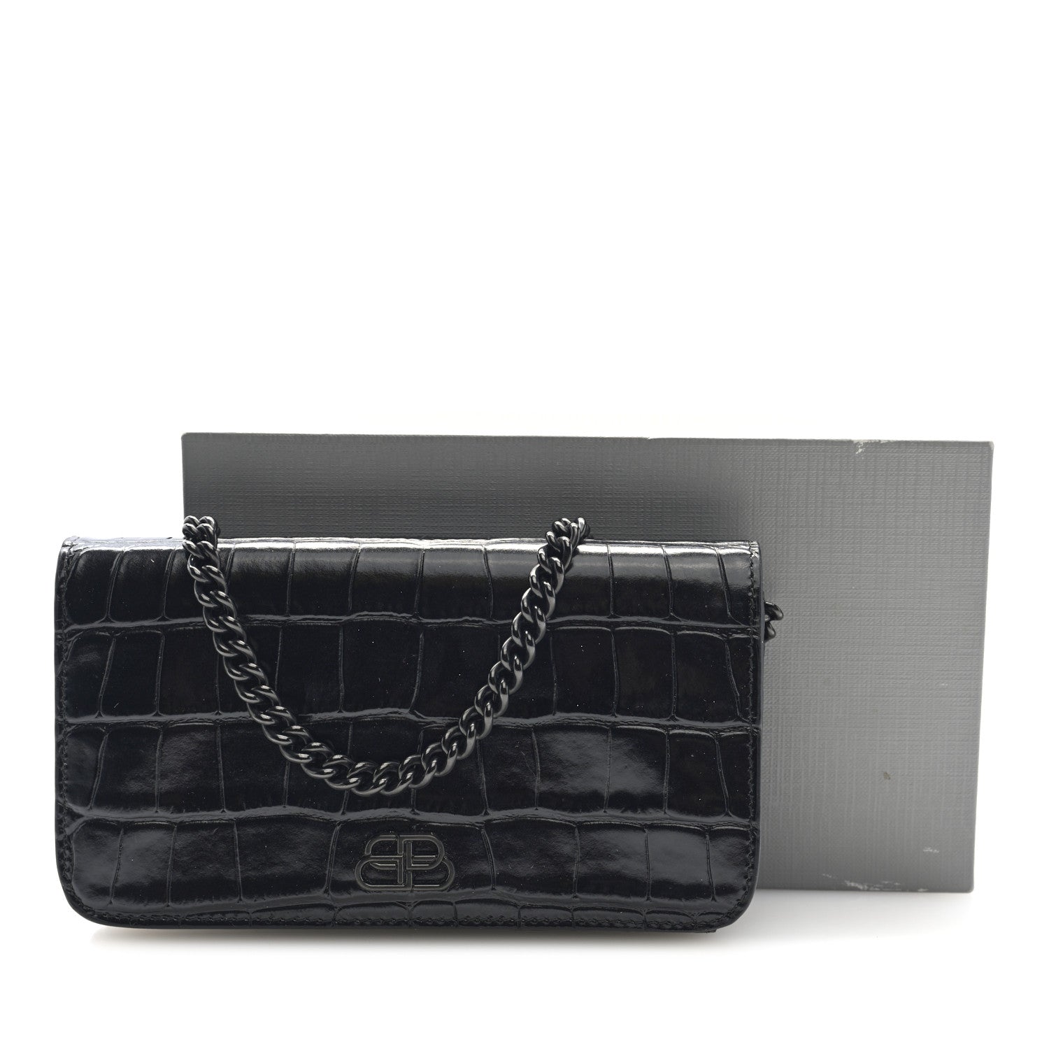 Balenciaga Shiny Calfskin Crocodile Embossed BB Phone Holder Wallet On Chain Black 10 of 10