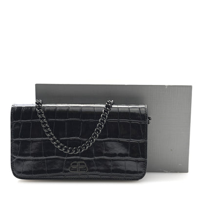 Balenciaga Shiny Calfskin Crocodile Embossed BB Phone Holder Wallet On Chain Black 10 of 10