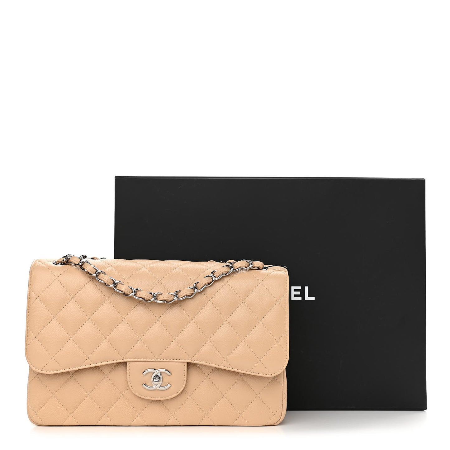 Caviar Quilted Jumbo Double Flap Beige