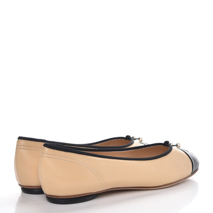 Chanel Lambskin Pearl Cap Toe Ballerina Flats 37.5 Beige Black 4 of 8