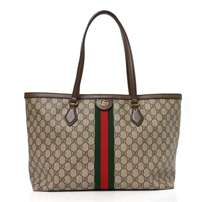 Gucci GG Supreme Monogram Textured Calfskin Web Medium Ophidia Shopping Tote Beige Ebony New Acero 1 of 12