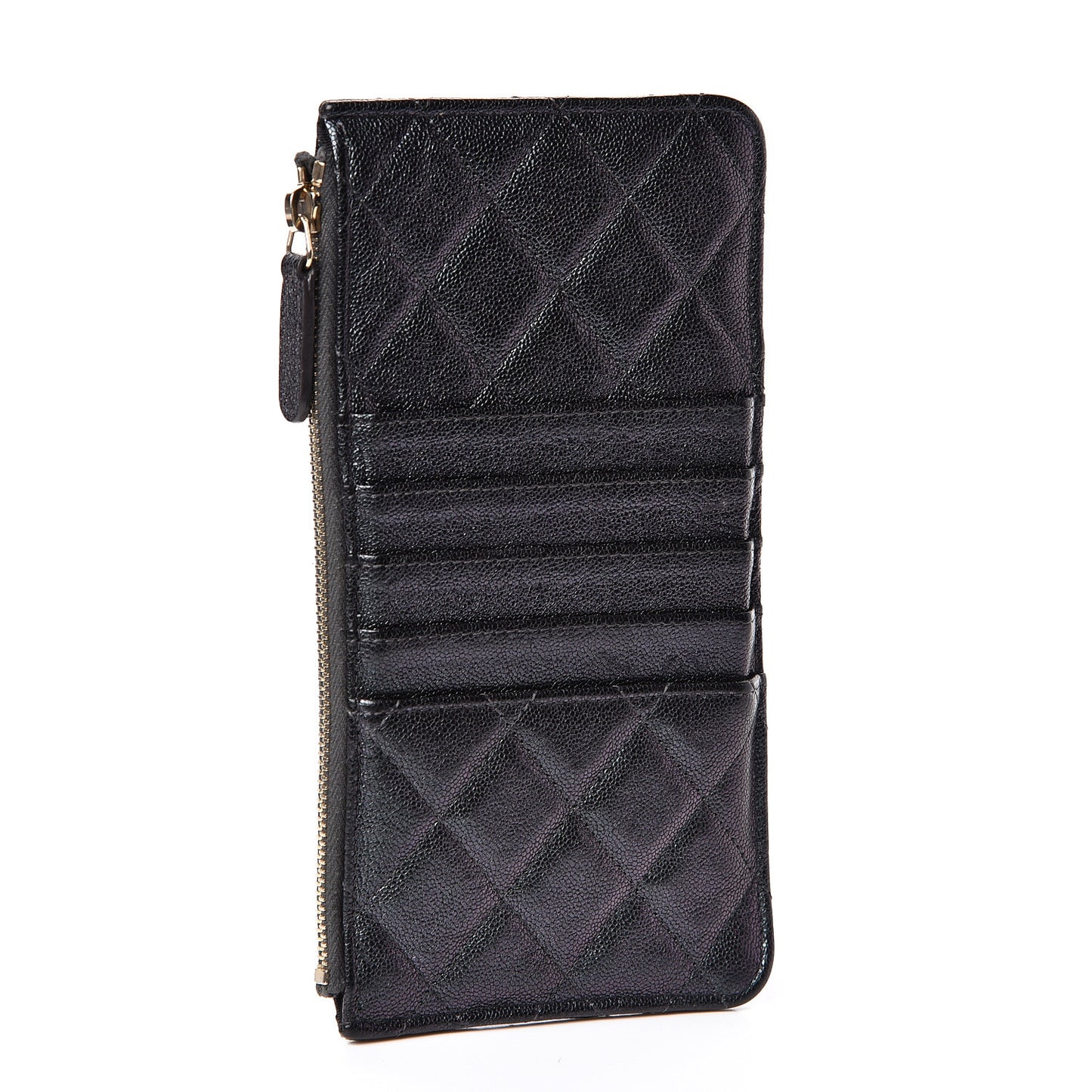 Iridescent Caviar Quilted Classic Flat Wallet Pouch Black