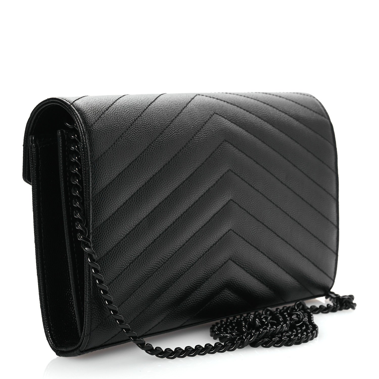 Saint Laurent Grain De Poudre Matelasse Chevron Monogram Monochrome Chain Wallet Black 3 of 13