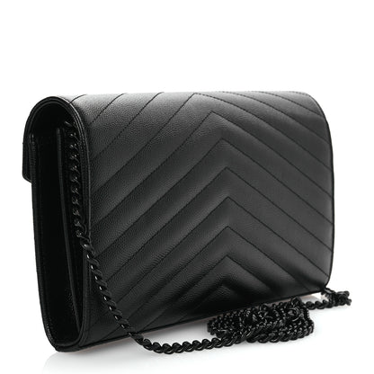 Saint Laurent Grain De Poudre Matelasse Chevron Monogram Monochrome Chain Wallet Black 3 of 13