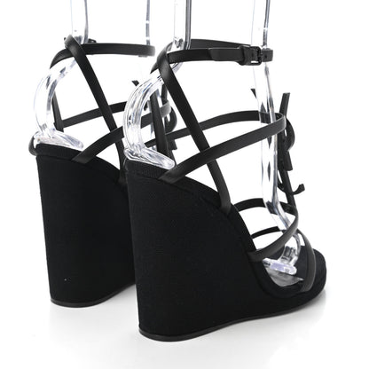 Saint Laurent Calfskin Canvas Cassandra 105 Wedge Sandals 36.5 Black 4 of 10