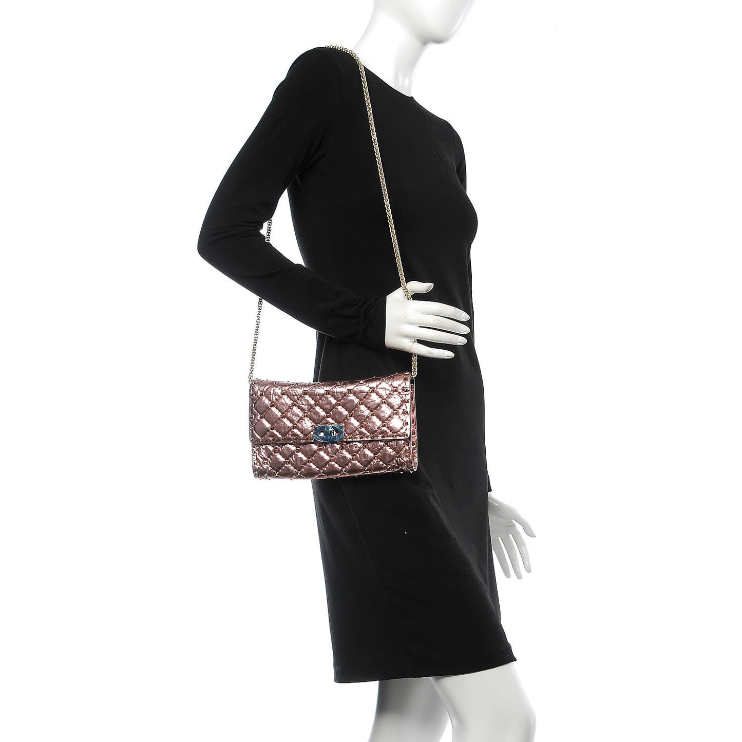 Metallic Wrinkled Lambskin Rockstud Spike Wallet on Chain Lipstick