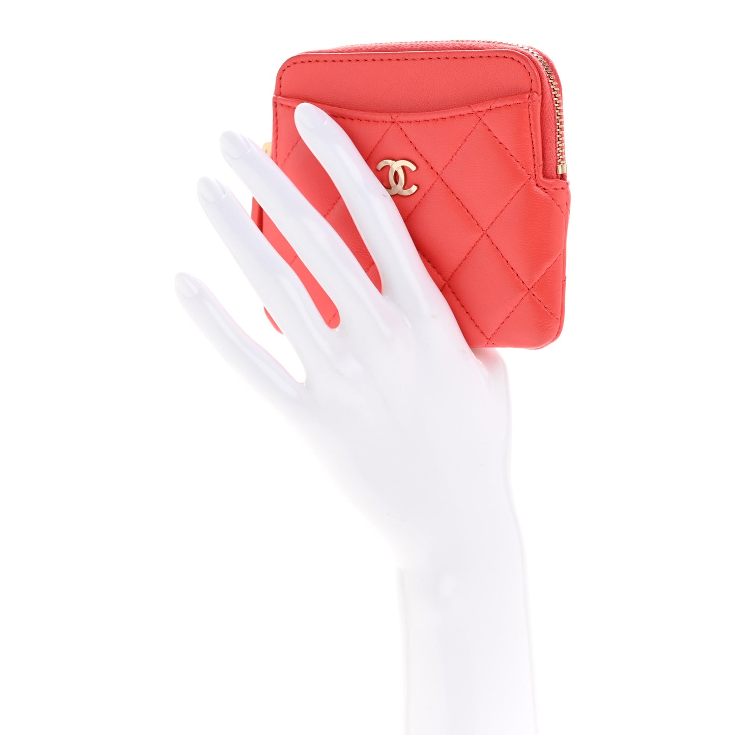 Lambskin Quilted Zip Card Holder Wallet Coral