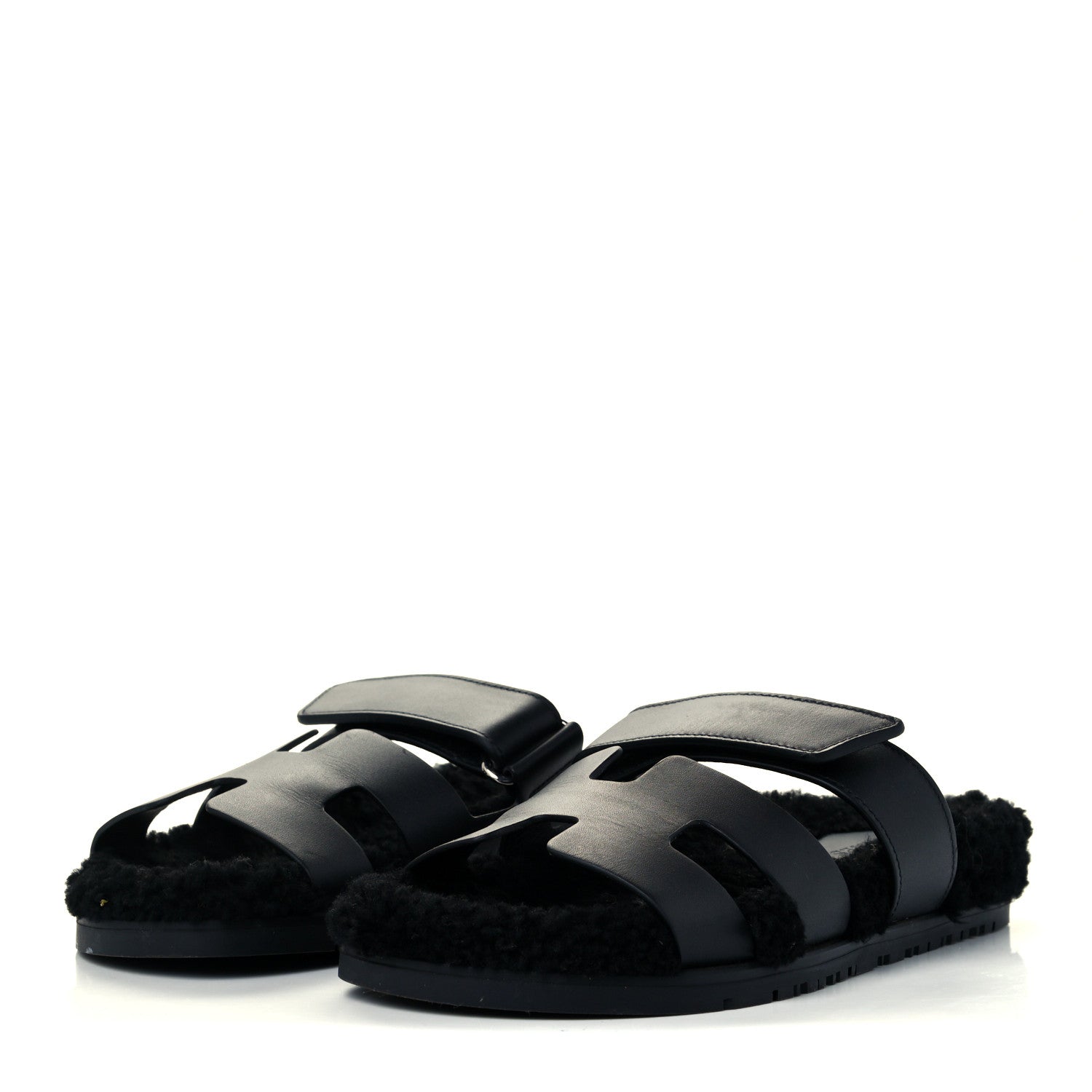 Hermes Calfskin Woolskin Womens Chypre Sandals 37 Black 2 of 12