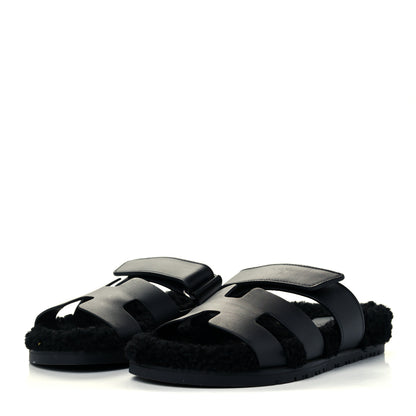 Hermes Calfskin Woolskin Womens Chypre Sandals 37 Black 2 of 12