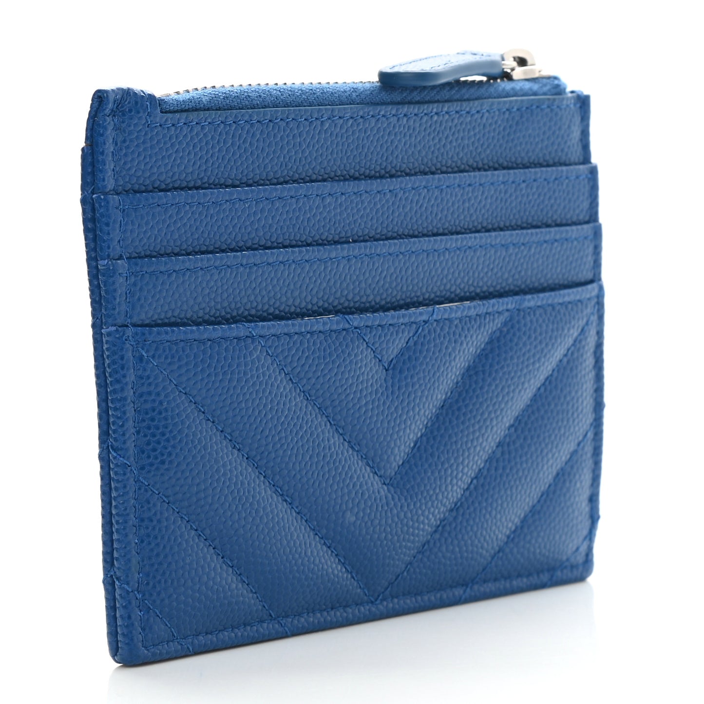 Caviar Chevron Quilted CC Zip Card Holder Blue