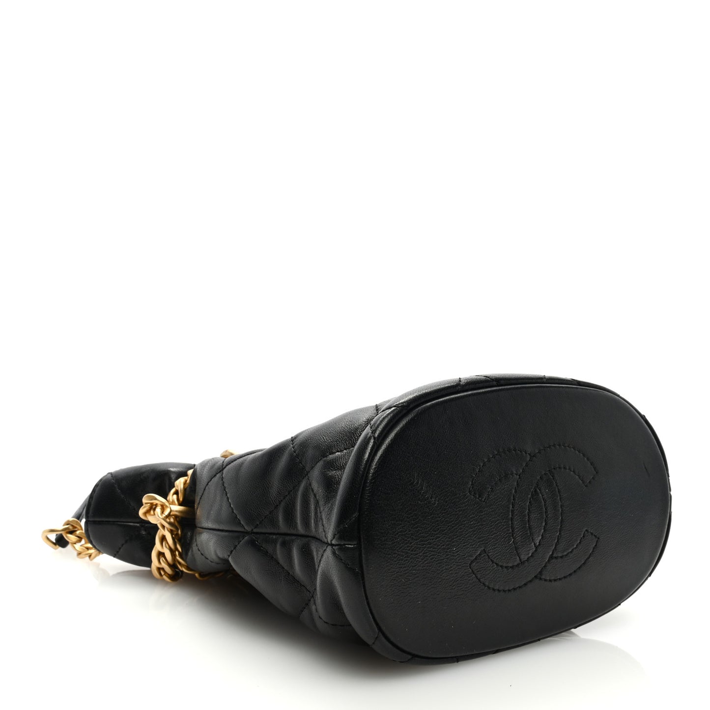 Lambskin Enamel Quilted Pending CC Bucket Drawstring Bag Black