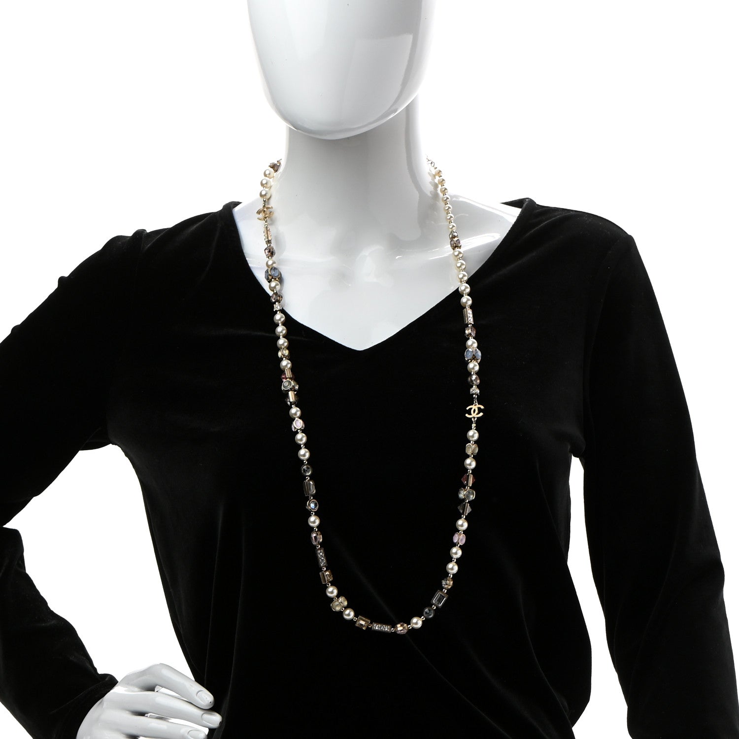 Chanel Pearl Beaded CC Long Necklace Gold Multicolor 2 of 5