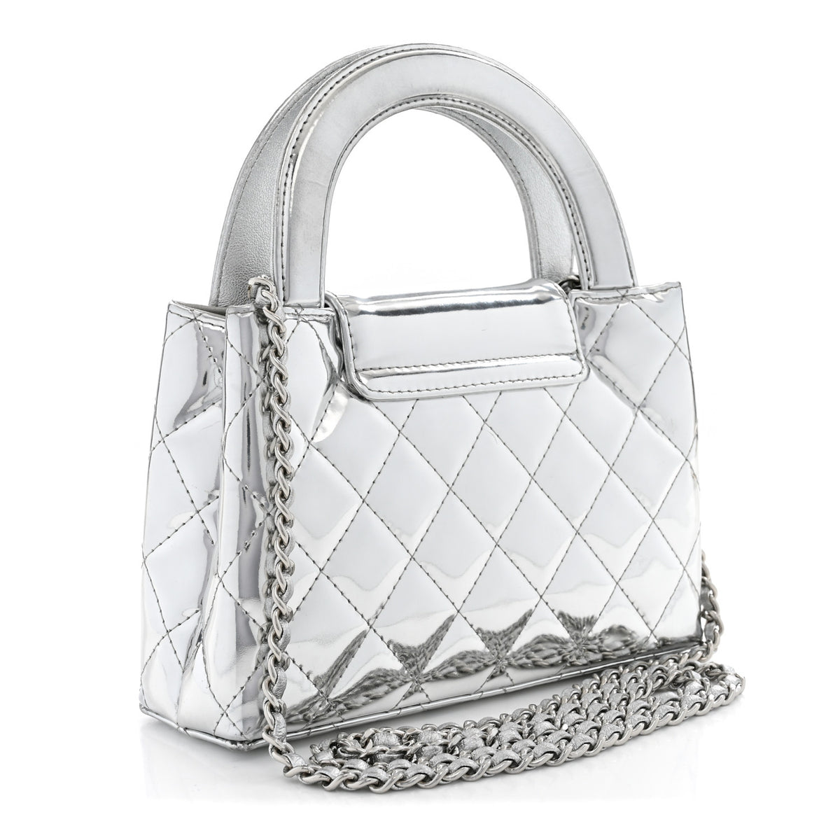 Mirror Calfskin Metallic Calfskin Quilted Nano Kelly Shopper Silvery