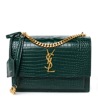 Saint Laurent Calfskin Crocodile Embossed Medium Monogram Sunset Dark Green 1 of 12
