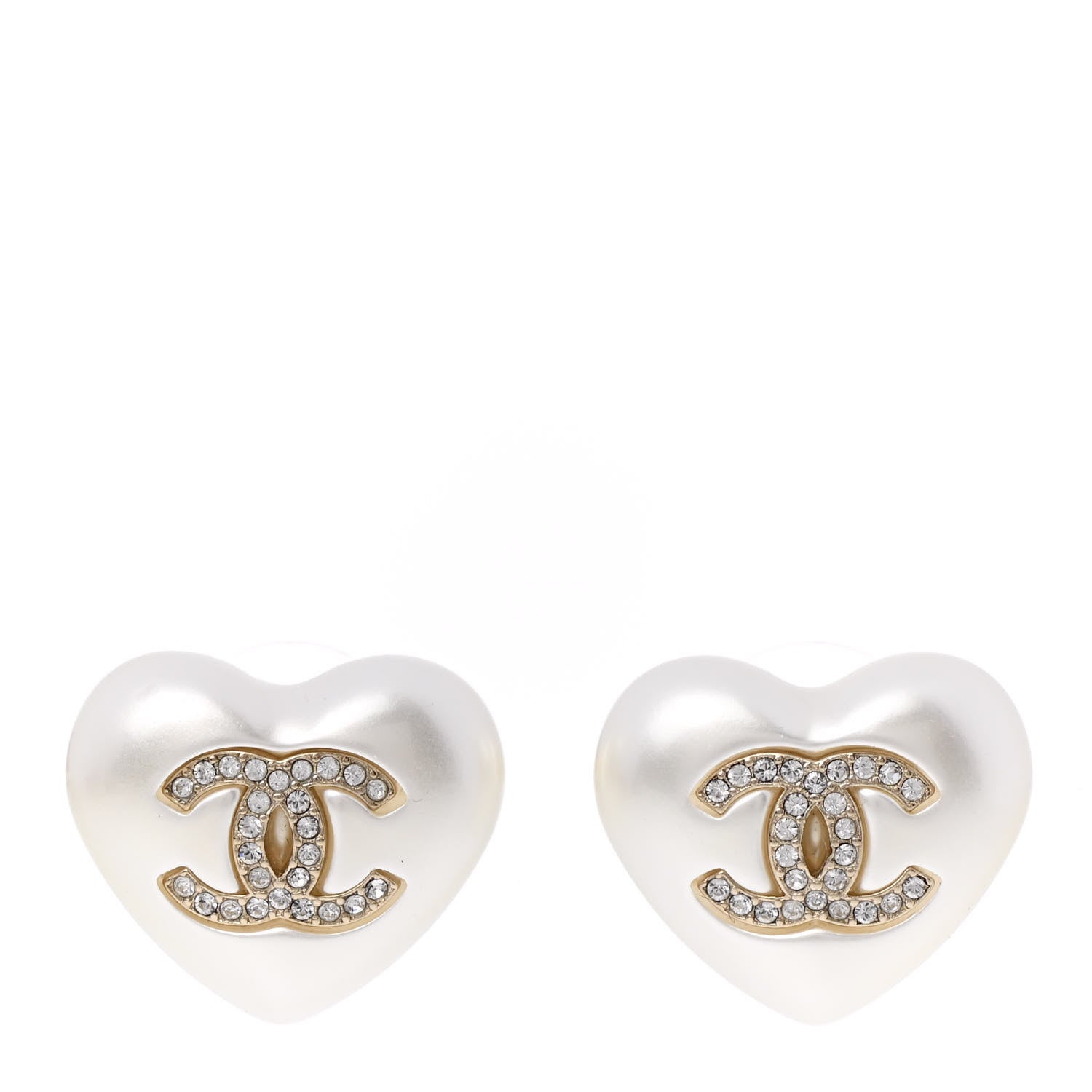 Chanel Pearl Crystal CC Heart Earrings Gold 1 of 5
