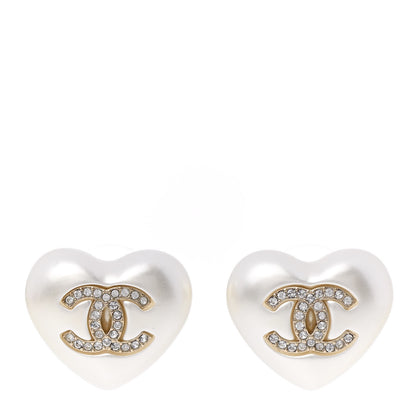 Chanel Pearl Crystal CC Heart Earrings Gold 1 of 5