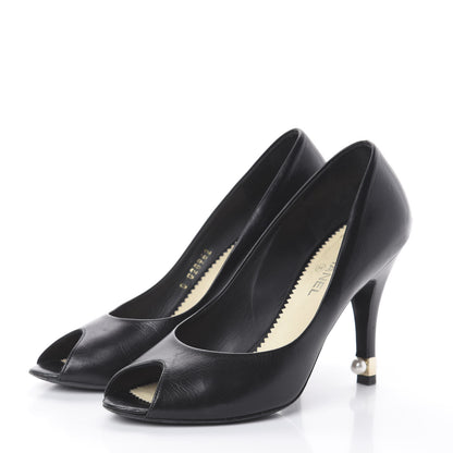 Chanel Lambskin Pearl Peep Toe Pumps 37 Black 3 of 7