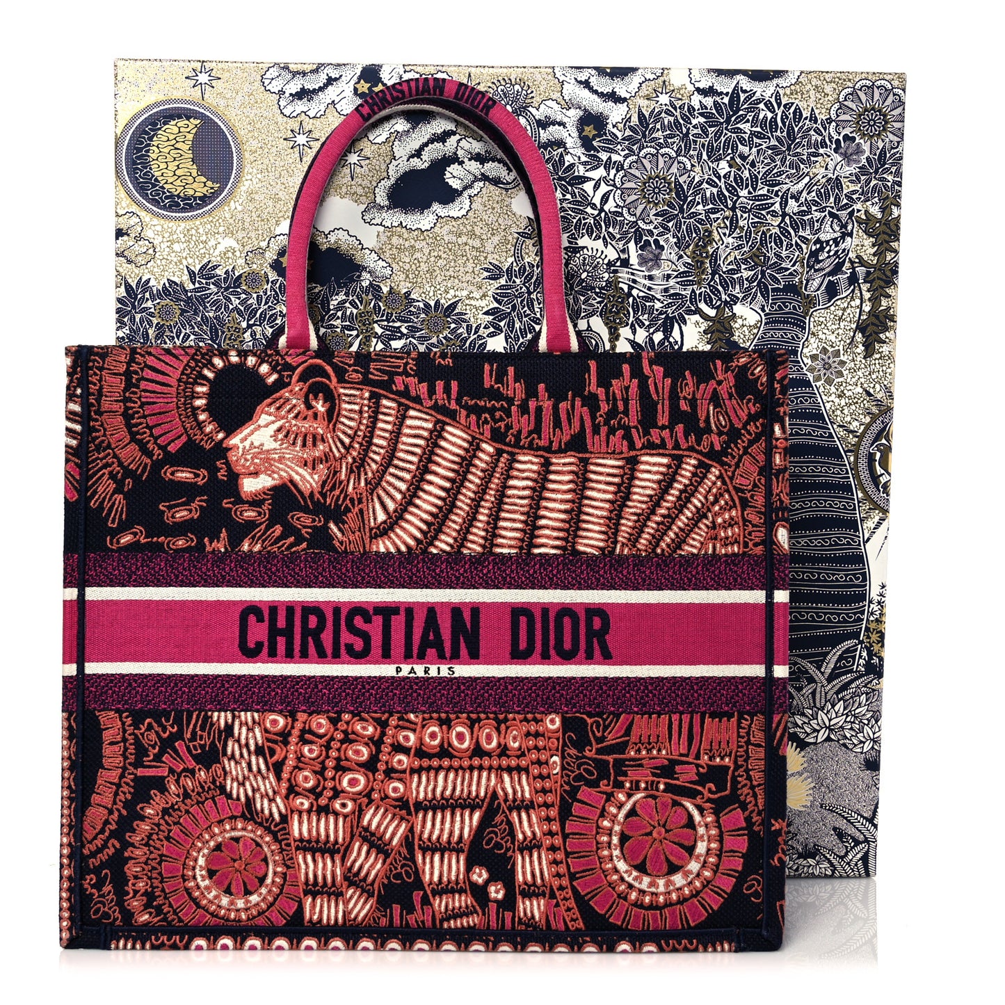 Canvas Embroidered Dior Animals Tiger Book Tote Deep Blue Fuchsia