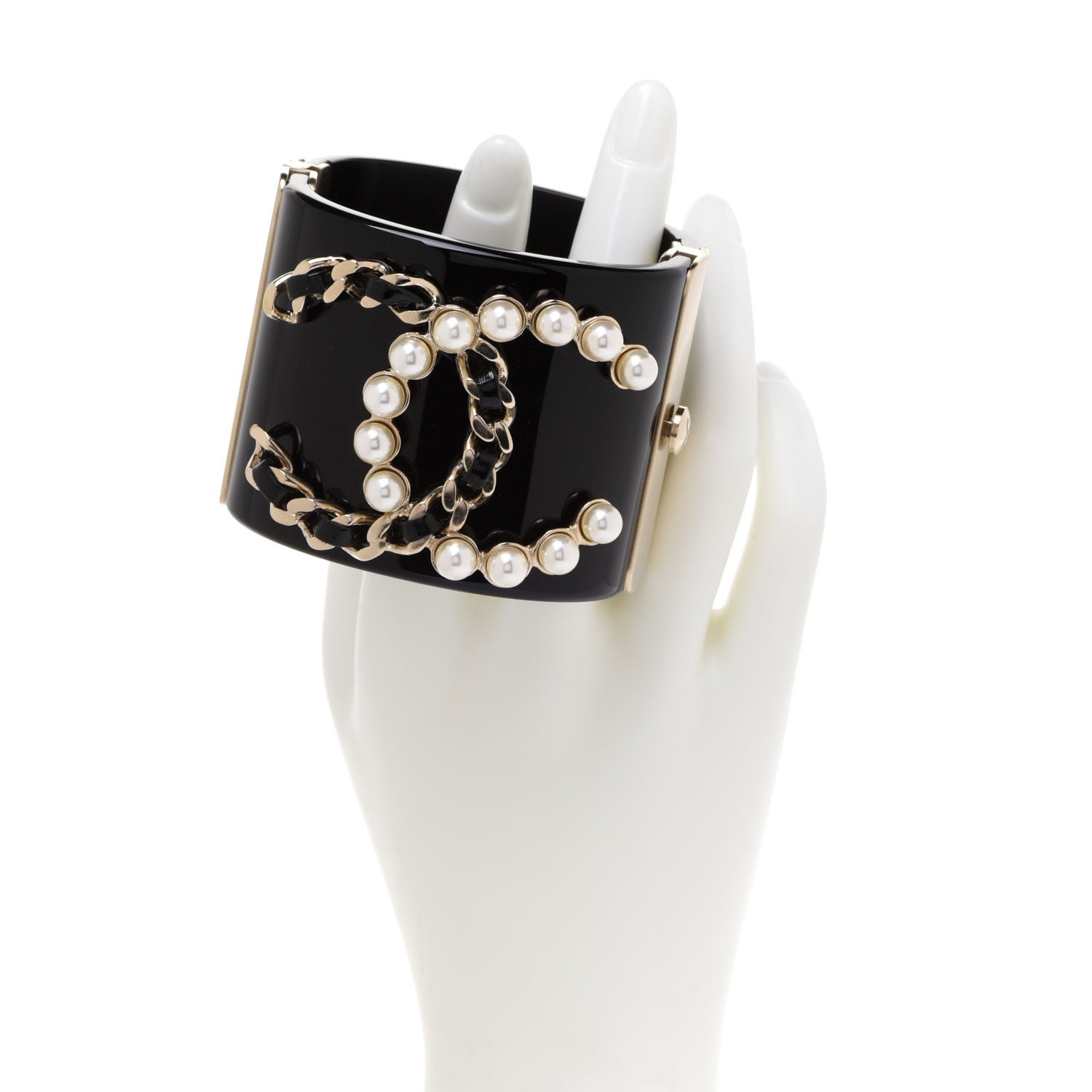 Chanel Resin Pearl Lambskin CC Cuff Bracelet Black 2 of 6